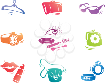 The colorful icons set consists of the various small fashion аccessories.
Editable vector EPS v9.0