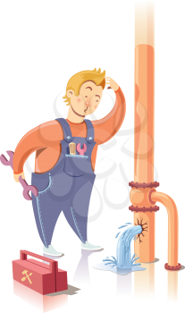 Plumber is embarrassed while looking at the waterpipe. It looks like he is a beginner at the plumbing service.
Editable vector EPS v9.0