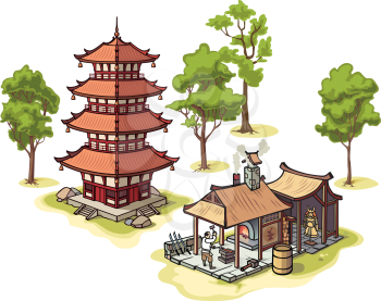 There are isolated Japanese traditional pagoda, the medieval blacksmith and some illustrated trees.