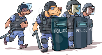 The cartoon dogs in the police uniform are standing behind the shields.
Editable vector EPS v9.0
