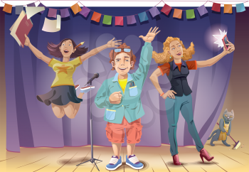 Royalty Free Clipart Image of Three People on a Stage