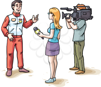 The young female journalist and the camera operator are filming an interview with the glad racer wearing in a red sports team uniform.