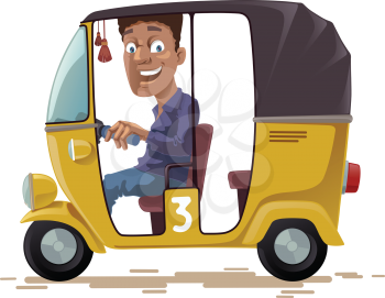The smiling indian rickshaw is driving his three-wheeled vehicle. He is looking at camera.
Editable vector EPS v10.0