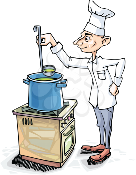 The cook is tasting the soup. Editable vector illustration