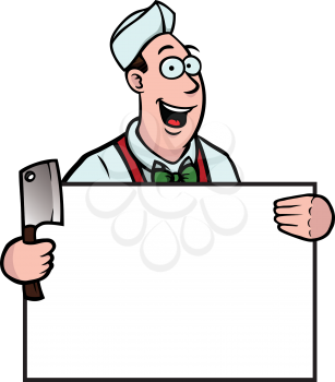 Royalty Free Clipart Image of a Butcher Holding a Sign