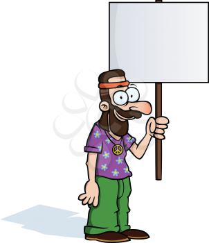 Royalty Free Clipart Image of a Hippie Holding a Sign