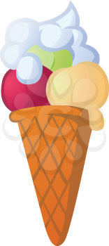 Cone with vanilla, strawberry and pistachio ice cream.