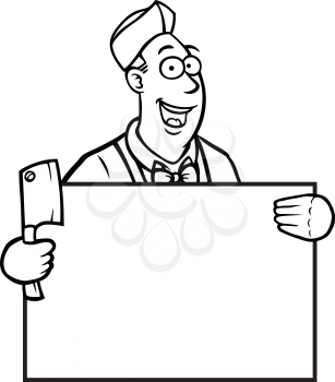 Royalty Free Clipart Image of a Butcher Holding a Cleaver and Sign
