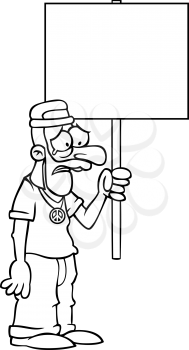Royalty Free Clipart Image of a Sad Hippie Holding a Sign