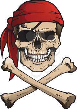 Pirate skull and crossbones, also known as Jolly Roger, wearing a bandana.