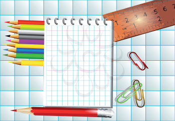 Mathematics background with a ruler, pencil and notepad