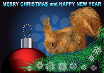 Royalty Free Clipart Image of a Squirrel on a Christmas Greeting