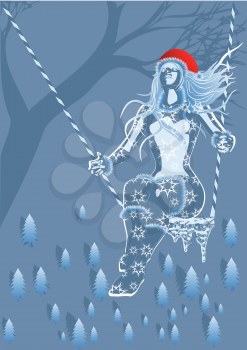 Royalty Free Clipart Image of a Girl With Snowflakes on a Swing