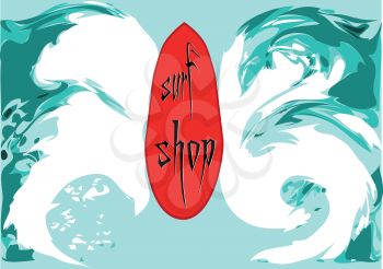 surf shop. surf board as sign on sea waves