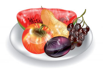 plate with fruits on white background. 10 EPS