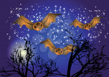 bats in night sky on background with trees and moon
