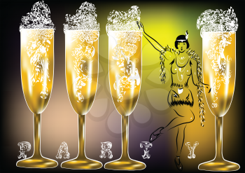 champagne party twenties. silhouette of woman and glasses 