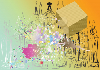 city festival. box with confetti against of silhouette of town