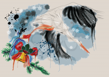 Christmas stork. bird brings Christmas gift with bell and bow