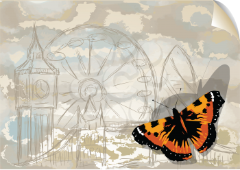 city and butterfly. insect on abstract grunge background