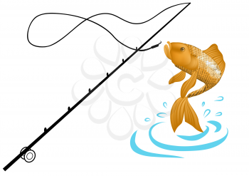 Fishing. Isolated illustration of big peach fish in waves with fishing rod. 