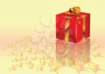 christmas present with shiny metallic gold ribbon and stars