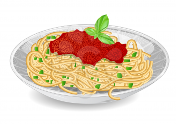 white plate of spaghetti with tomato sauce and basil