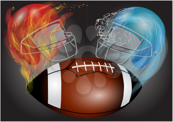 American football, helmets and ball on dark background