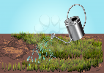 watering can with land, water drops, grass