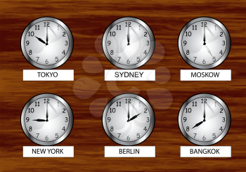 the world clock. different time zones clock on the wooden wall