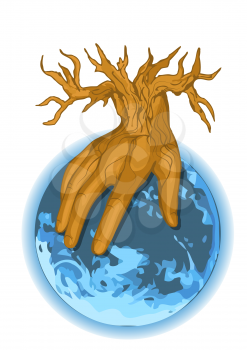  hand as tree and earth on white background
