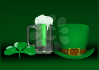 Saint patricks hat and clover on green background