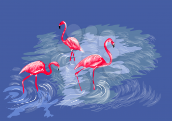 three flamingos on abstract water background