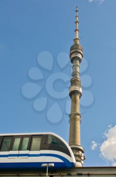 Monorail train and TV tower Ostankino in Moscow, Russia