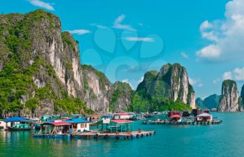 View of floating village in Halong Bay, Vietnam, Southeast Asia
