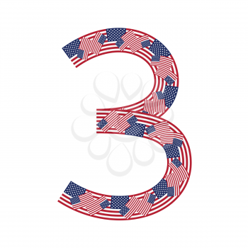 Number 3 made of USA flags on white background from USA flag collection, Vector Illustration

