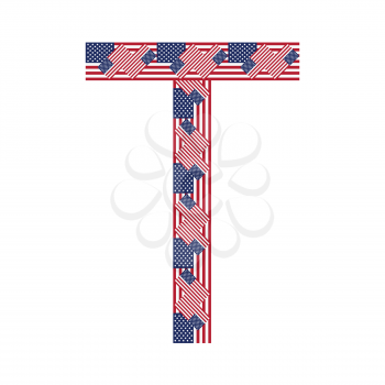 Letter T made of USA flags on white background from USA flag collection, Vector Illustration
