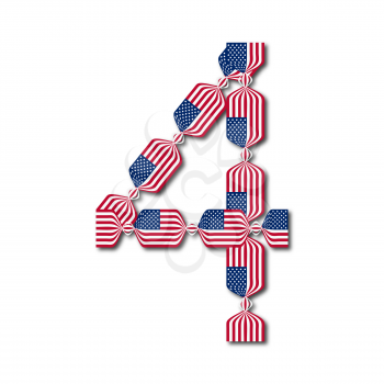 Number 4 made of USA flags in form of candies on white background, Vector Illustration
