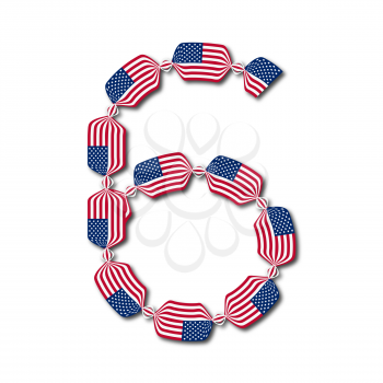 Number 6 made of USA flags in form of candies on white background, Vector Illustration
