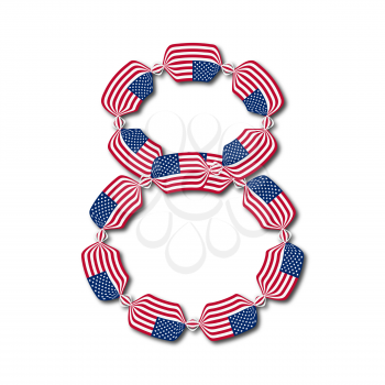 Number 8 made of USA flags in form of candies on white background, Vector Illustration
