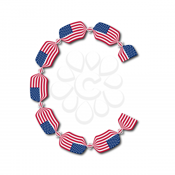 Letter C made of USA flags in form of candies on white background
