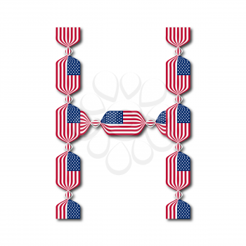 Letter H made of USA flags in form of candies on white background
