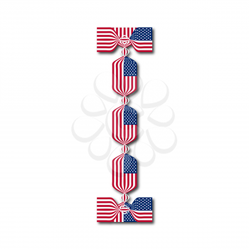 Letter I made of USA flags in form of candies on white background

