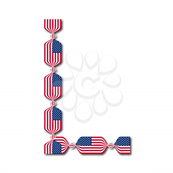 Letter L made of USA flags in form of candies on white background
