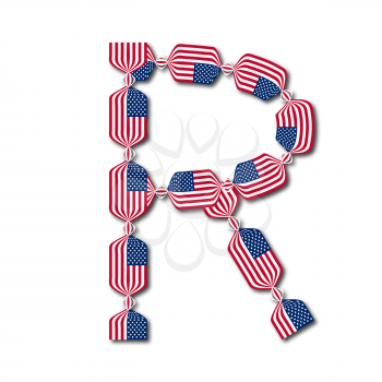 Letter R made of USA flags in form of candies on white background
