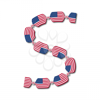 Letter S made of USA flags in form of candies on white background
