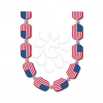 Letter U made of USA flags in form of candies on white background
