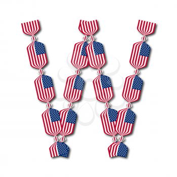 Letter W made of USA flags in form of candies on white background
