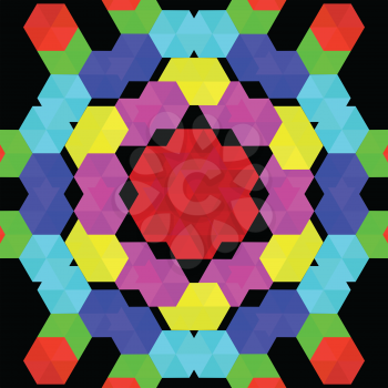 Colorful geometric pattern of hexagons in rainbow colors on black background