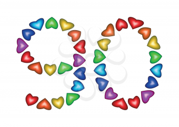 Number 90 made of multicolored hearts on white background